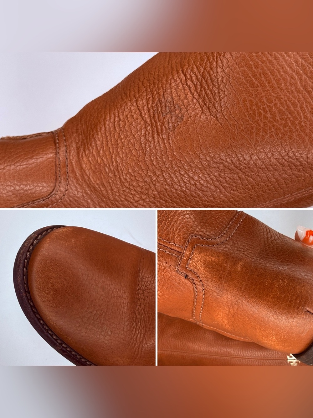 Tory Burch Cognac Pebbled Leather Riding Boots Tall Knee High Logo 7M Brazil - Picture 8 of 9